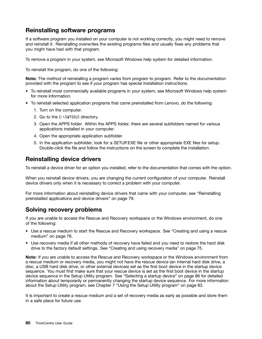 Lenovo 3297, 3281, 3280, 3305, 3296 Reinstalling software programs, Reinstalling device drivers, Solving recovery problems 