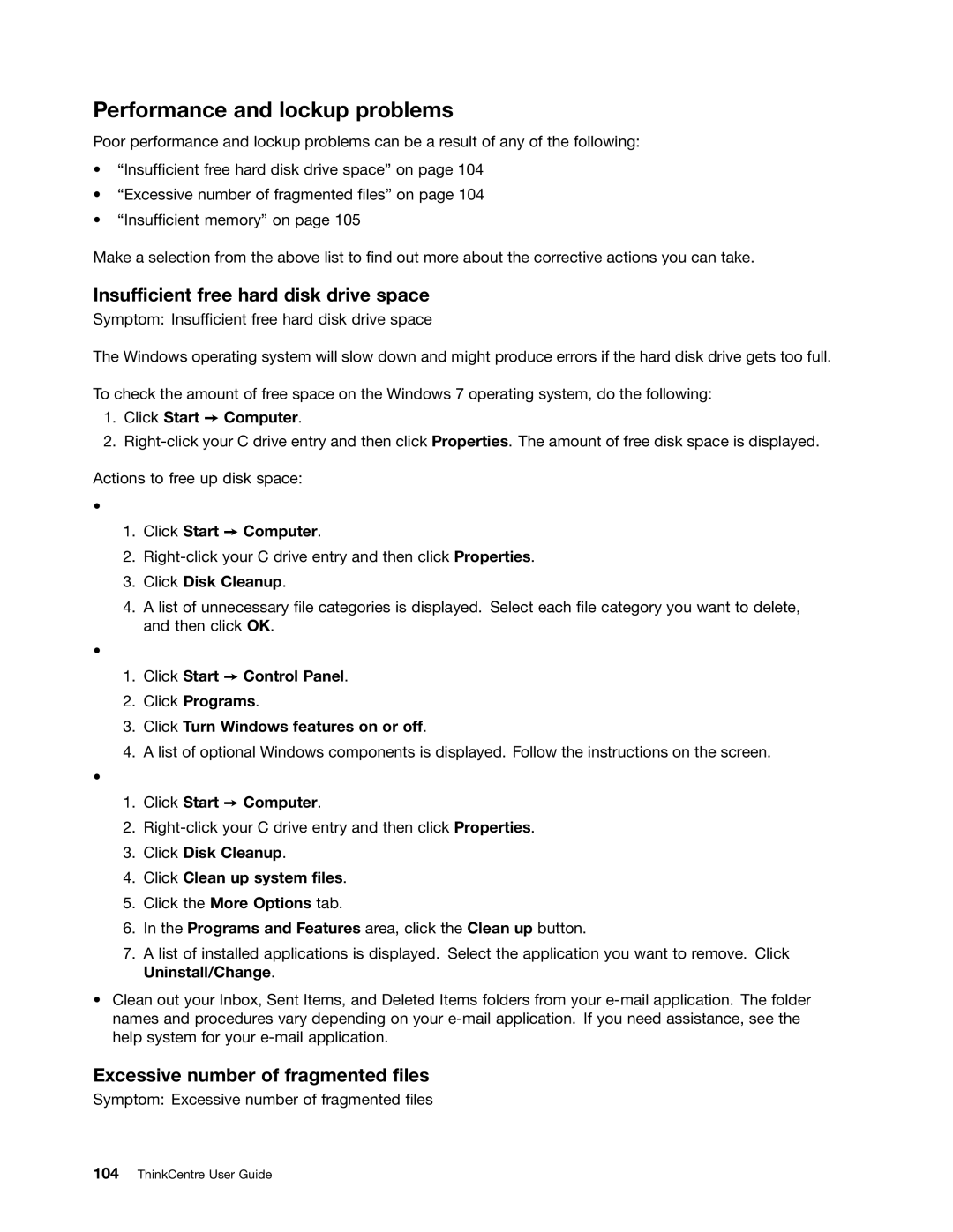 Lenovo 3314 Performance and lockup problems, Insufficient free hard disk drive space, Excessive number of fragmented files 