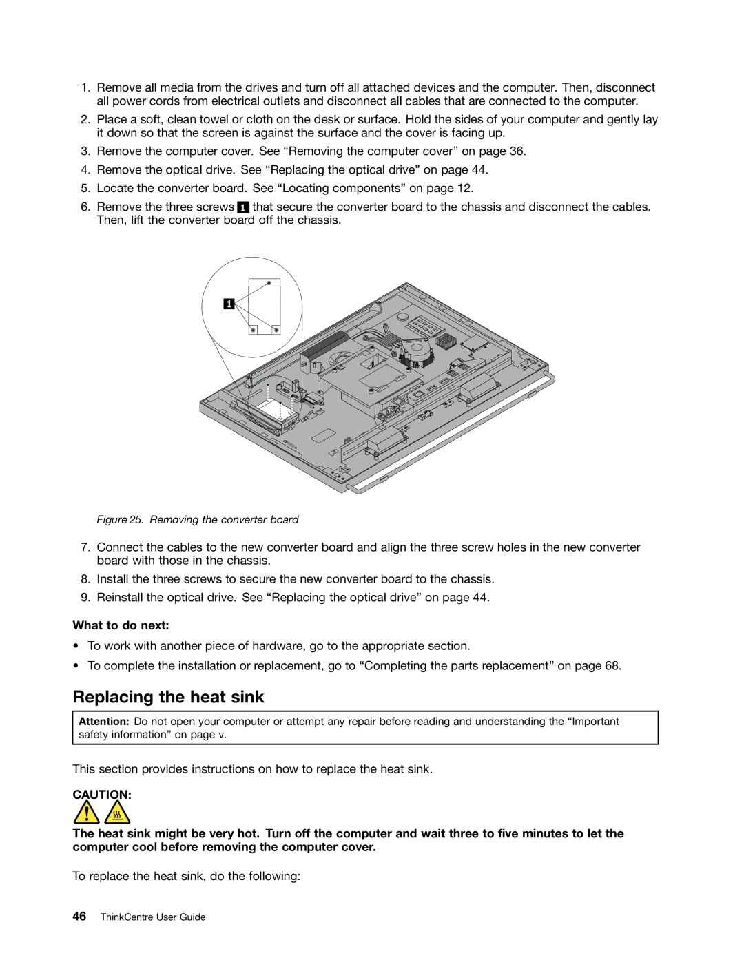 Lenovo 3312, 3281, 3280, 3297, 3305, 3296, 3298, 3292, 3291, 3294, 3293, 3311 Replacing the heat sink, Removing the converter board 