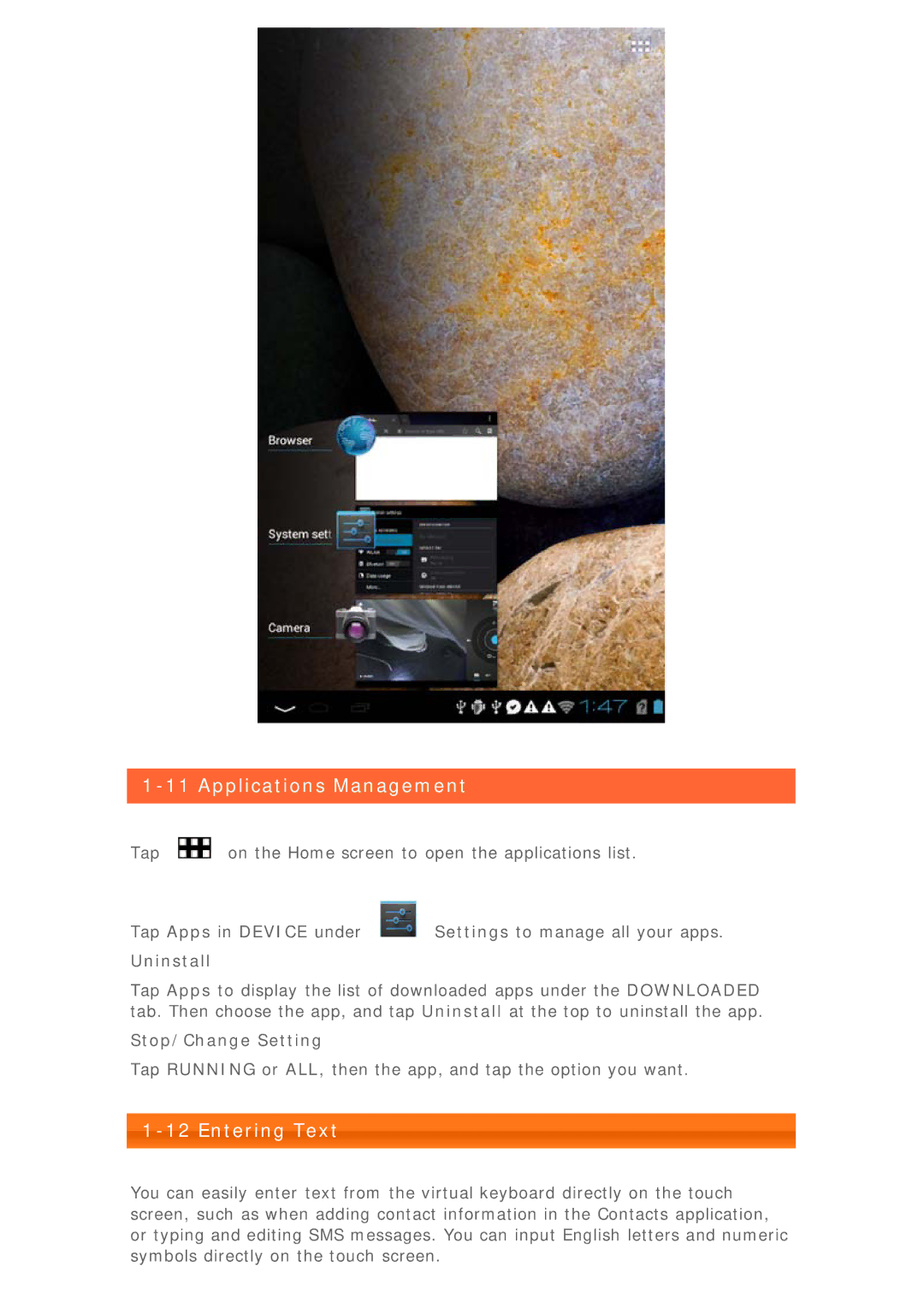 Lenovo 0C17961, 33472RU, 59RF0079, 59335903 manual Applications Management, Entering Text, Uninstall, Stop/Change Setting 
