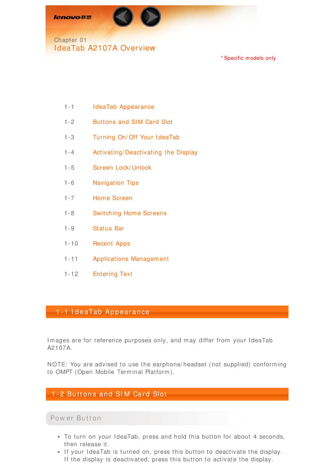 Lenovo 59335903, 33472RU, 59RF0079, 0C17961 manual IdeaTab Appearance, Buttons and SIM Card Slot, Power Button 