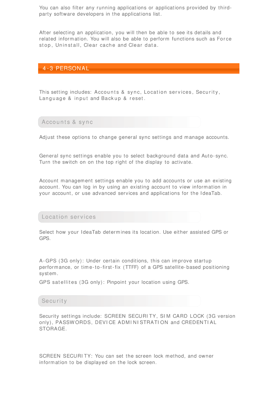 Lenovo 0C17961, 33472RU, 59RF0079, 59335903 manual Accounts & sync, Location services, Security 