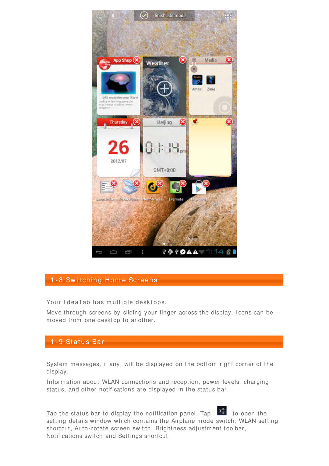 Lenovo 59RF0079, 33472RU, 59335903, 0C17961 manual Switching Home Screens, Status Bar, Your IdeaTab has multiple desktops 