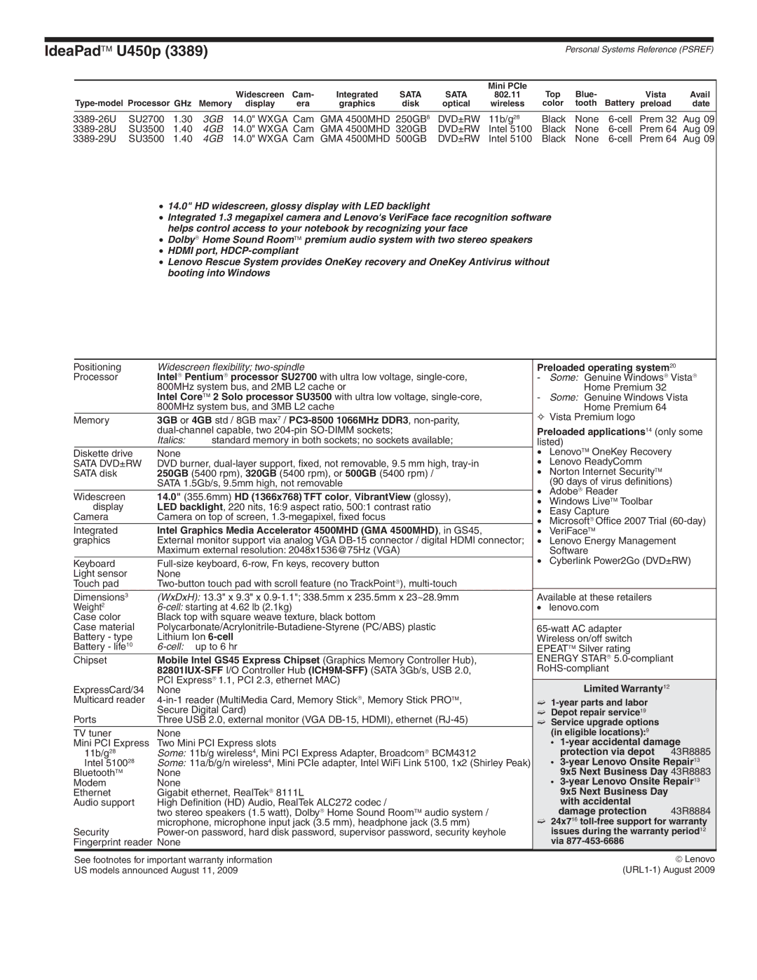 Lenovo 3389-28U dimensions IdeaPad U450p, 14.0 355.6mm HD 1366x768 TFT color, VibrantView glossy, Limited Warranty12 