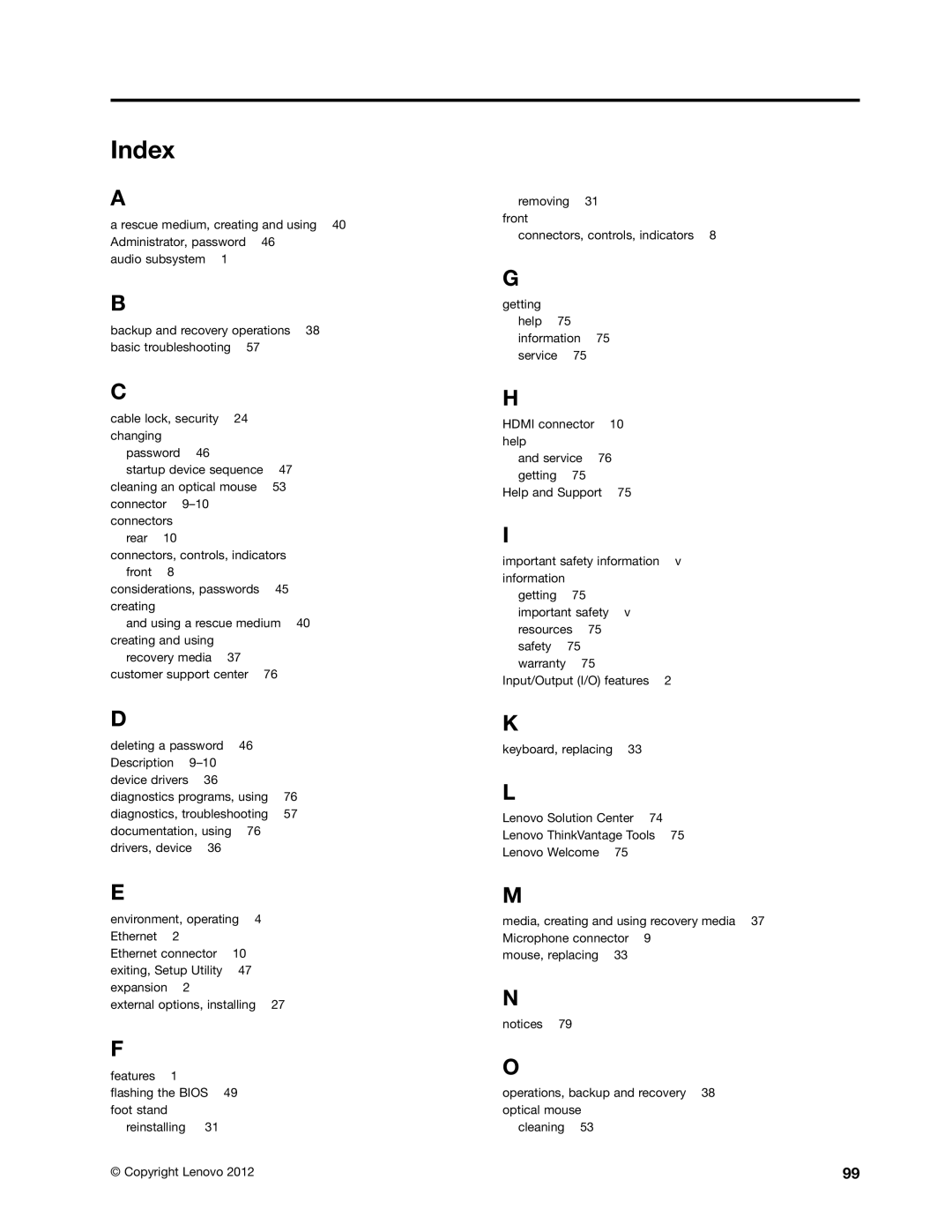 Lenovo 3414, 3398, 3397, 3399, 3396, 3416, 3426, 3415, 3423, 3418, 3417, 3419 manual Index 