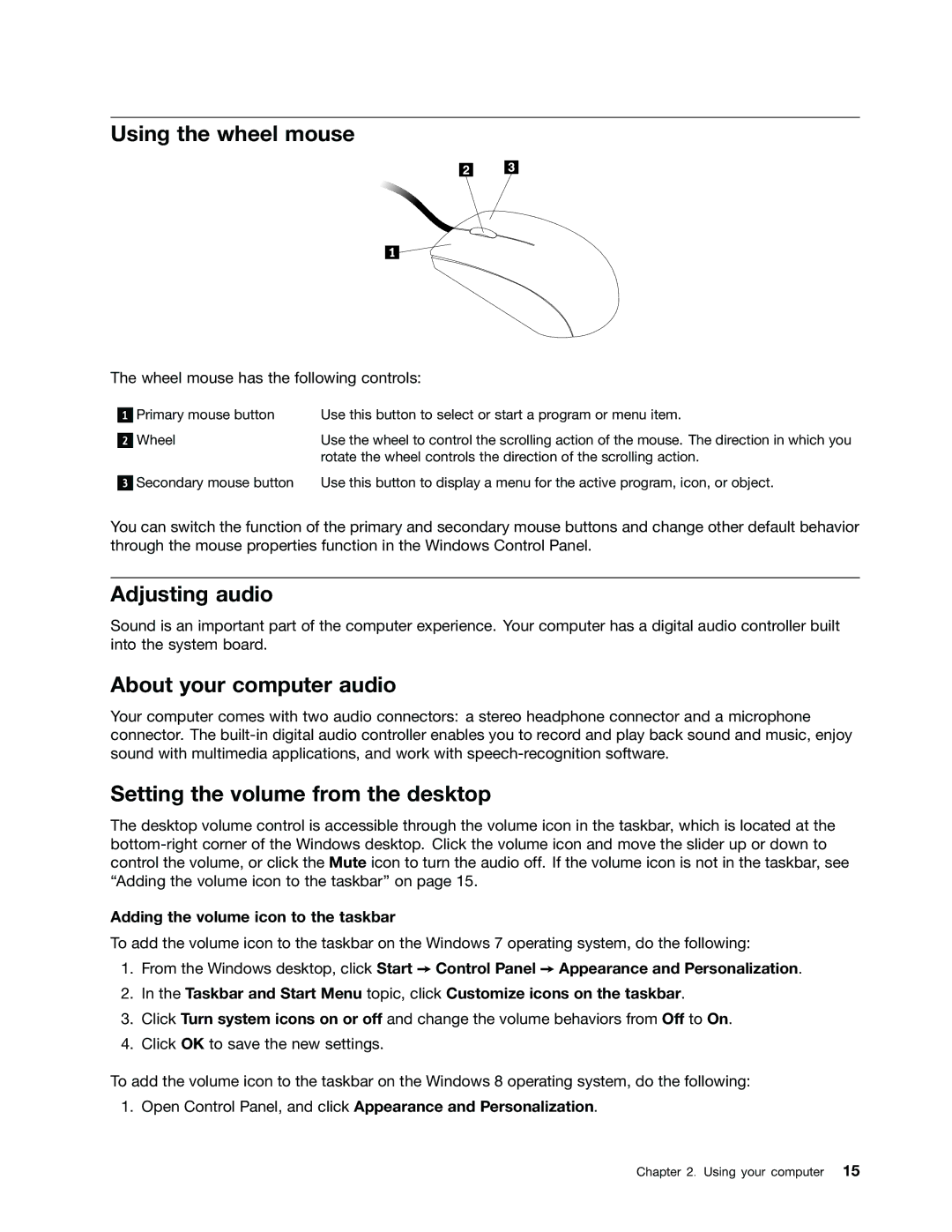 Lenovo 3414, 3398 Using the wheel mouse, Adjusting audio, About your computer audio, Setting the volume from the desktop 