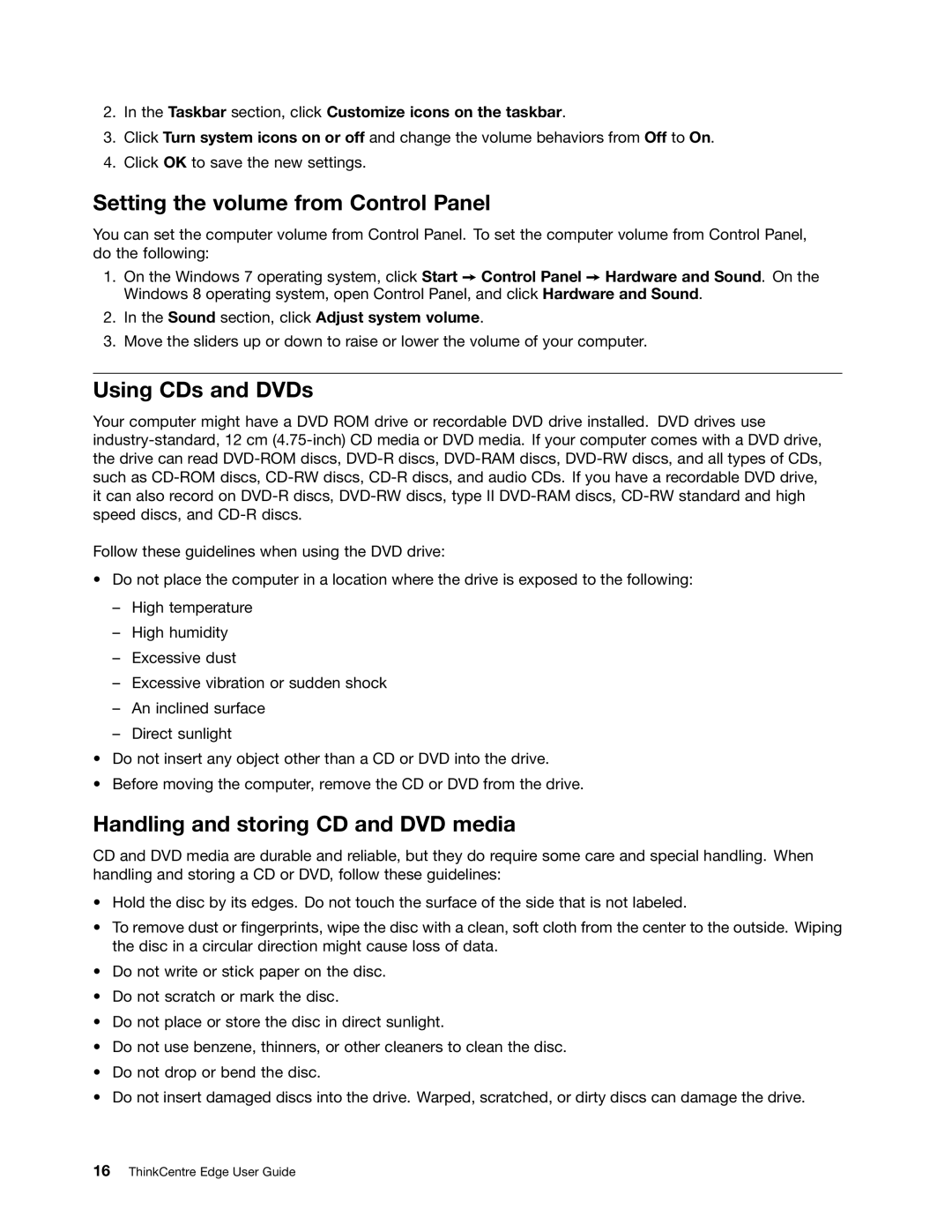 Lenovo 3396, 3398, 3397 Setting the volume from Control Panel, Using CDs and DVDs, Handling and storing CD and DVD media 