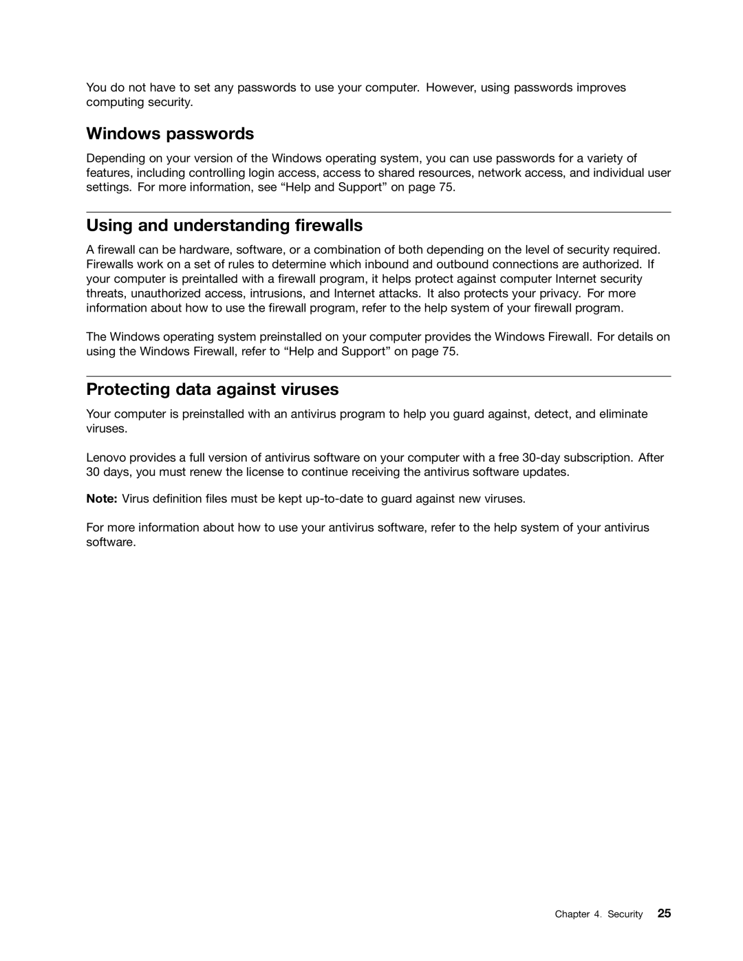 Lenovo 3397, 3398, 3399, 3414, 3396 Windows passwords, Using and understanding firewalls, Protecting data against viruses 