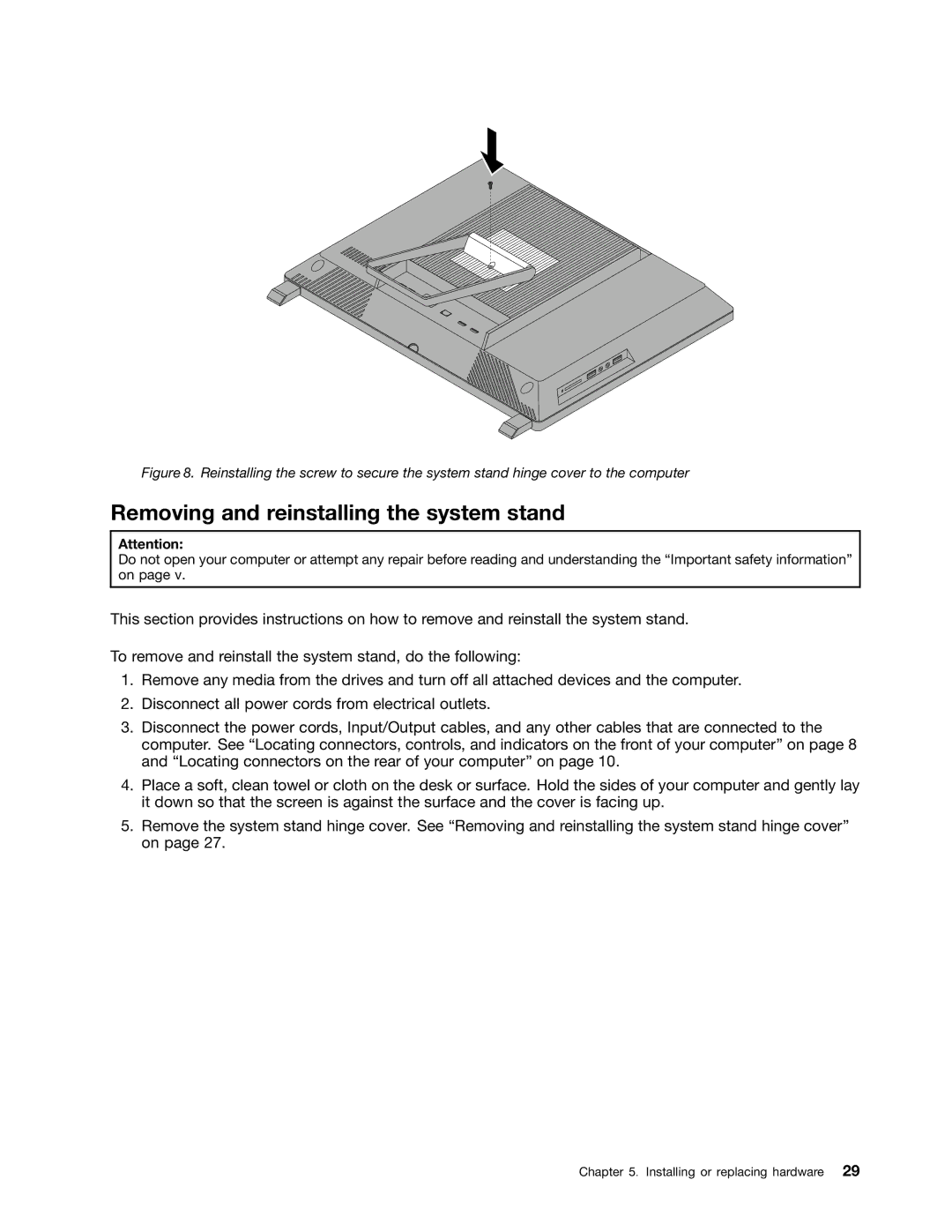 Lenovo 3416, 3398, 3397, 3399, 3414, 3396, 3426, 3415, 3423, 3418, 3417, 3419 manual Removing and reinstalling the system stand 