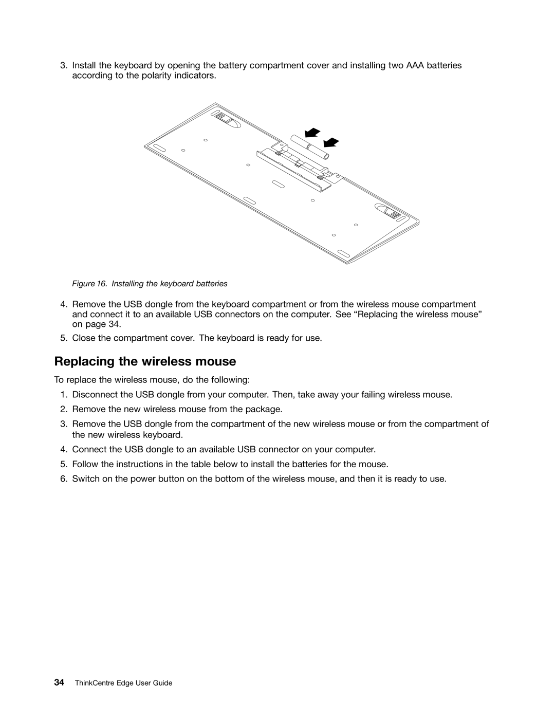 Lenovo 3417, 3398, 3397, 3399, 3414, 3396, 3416, 3426, 3415, 3423 Replacing the wireless mouse, Installing the keyboard batteries 