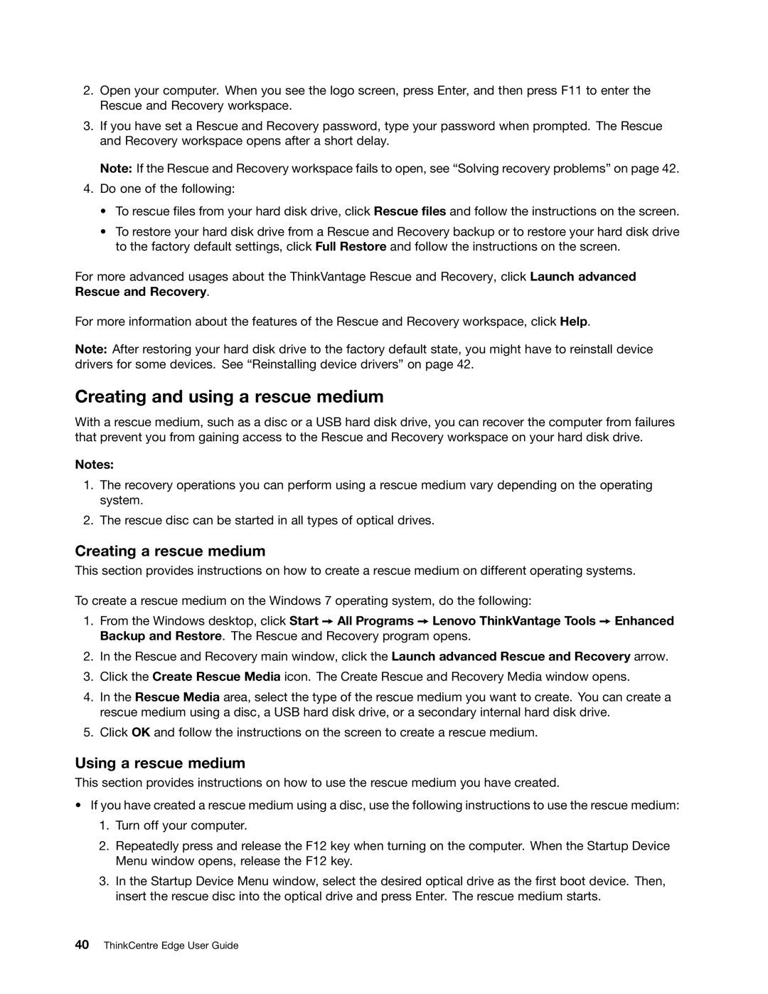 Lenovo 3396, 3398, 3397, 3399, 3414, 3416 Creating and using a rescue medium, Creating a rescue medium, Using a rescue medium 