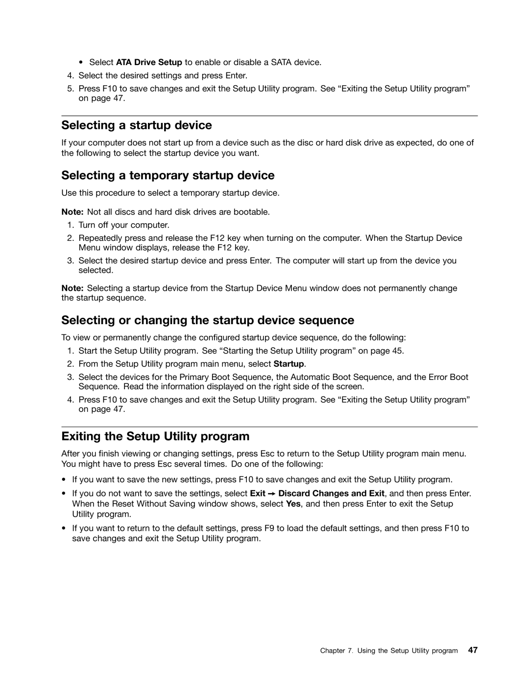 Lenovo 3419, 3398, 3397 Selecting a startup device, Selecting a temporary startup device, Exiting the Setup Utility program 