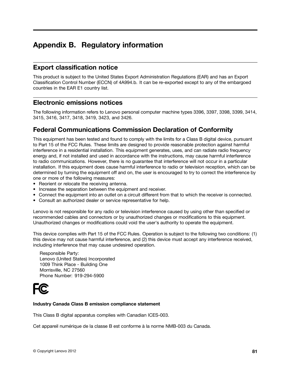 Lenovo 3418, 3398, 3397, 3399 Appendix B. Regulatory information, Export classification notice, Electronic emissions notices 