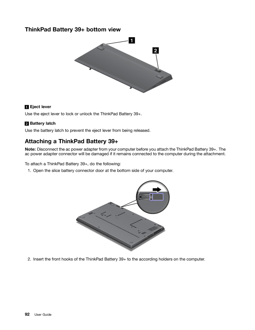 Lenovo 3444CUU manual ThinkPad Battery 39+ bottom view, Attaching a ThinkPad Battery 39+, Eject lever, Battery latch 