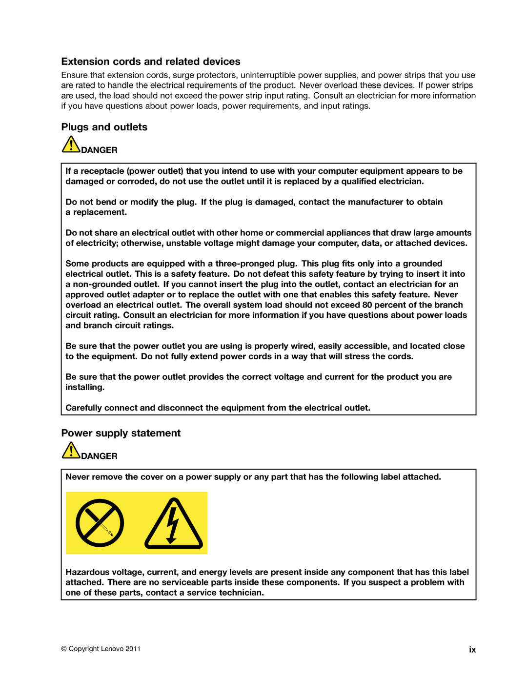 Lenovo 3444CUU manual Extension cords and related devices, Plugs and outlets, Power supply statement 