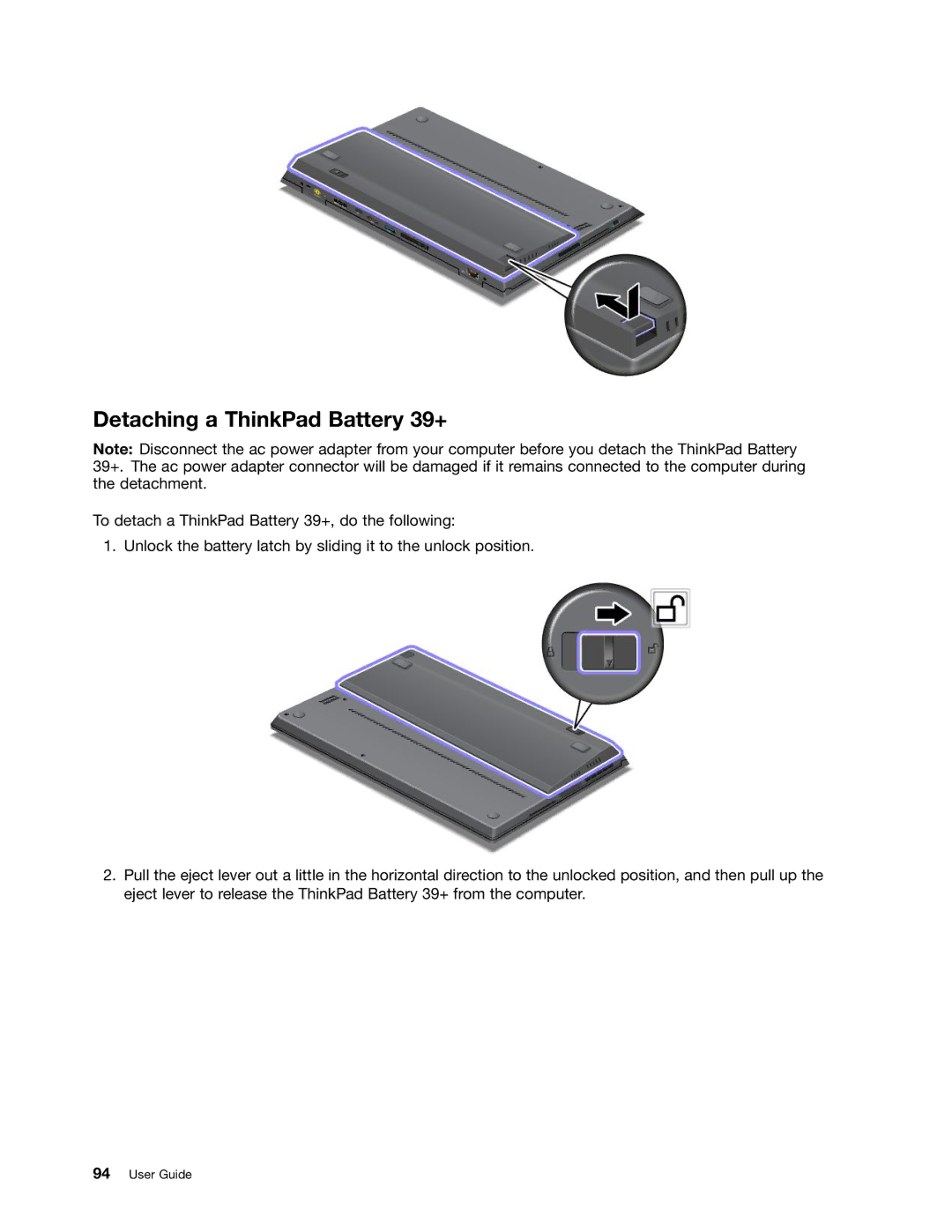 Lenovo 3444CUU manual Detaching a ThinkPad Battery 39+ 