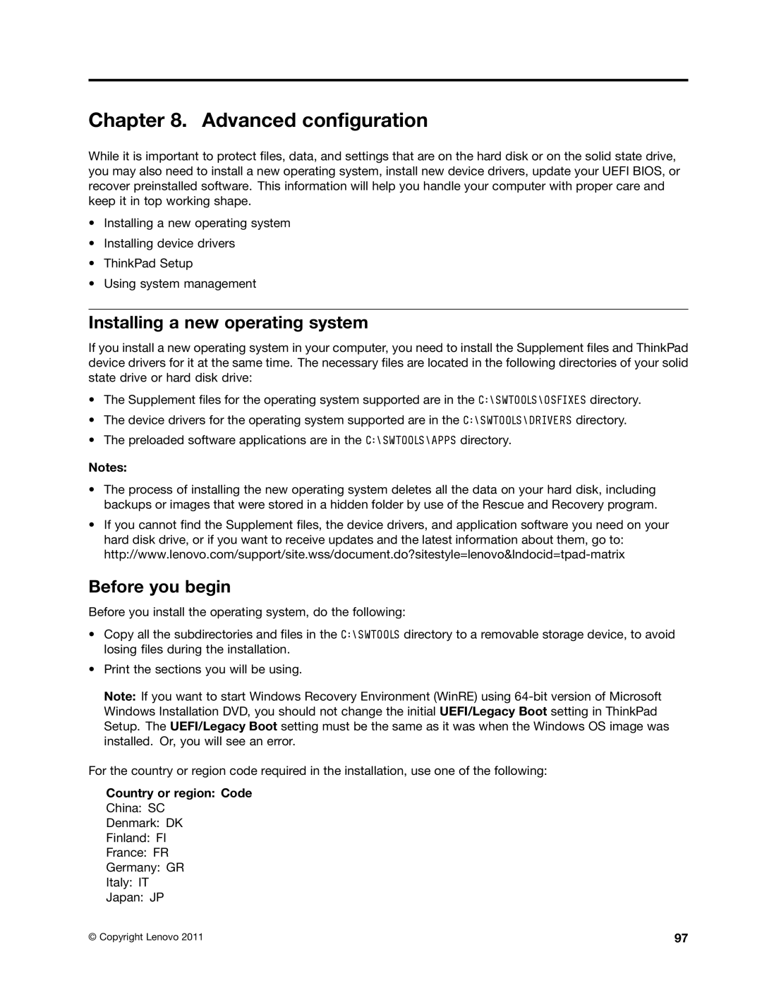 Lenovo 3444CUU manual Advanced configuration, Installing a new operating system, Before you begin, Country or region Code 