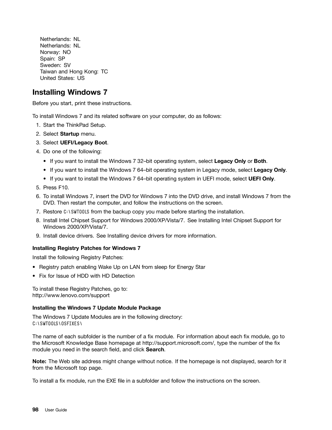 Lenovo 3444CUU manual Installing Windows, Select UEFI/Legacy Boot, Installing Registry Patches for Windows 