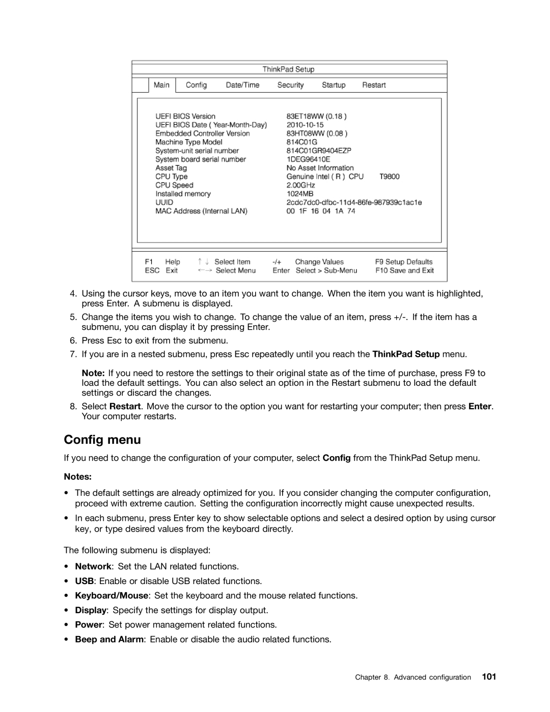 Lenovo 3444CUU manual Config menu 