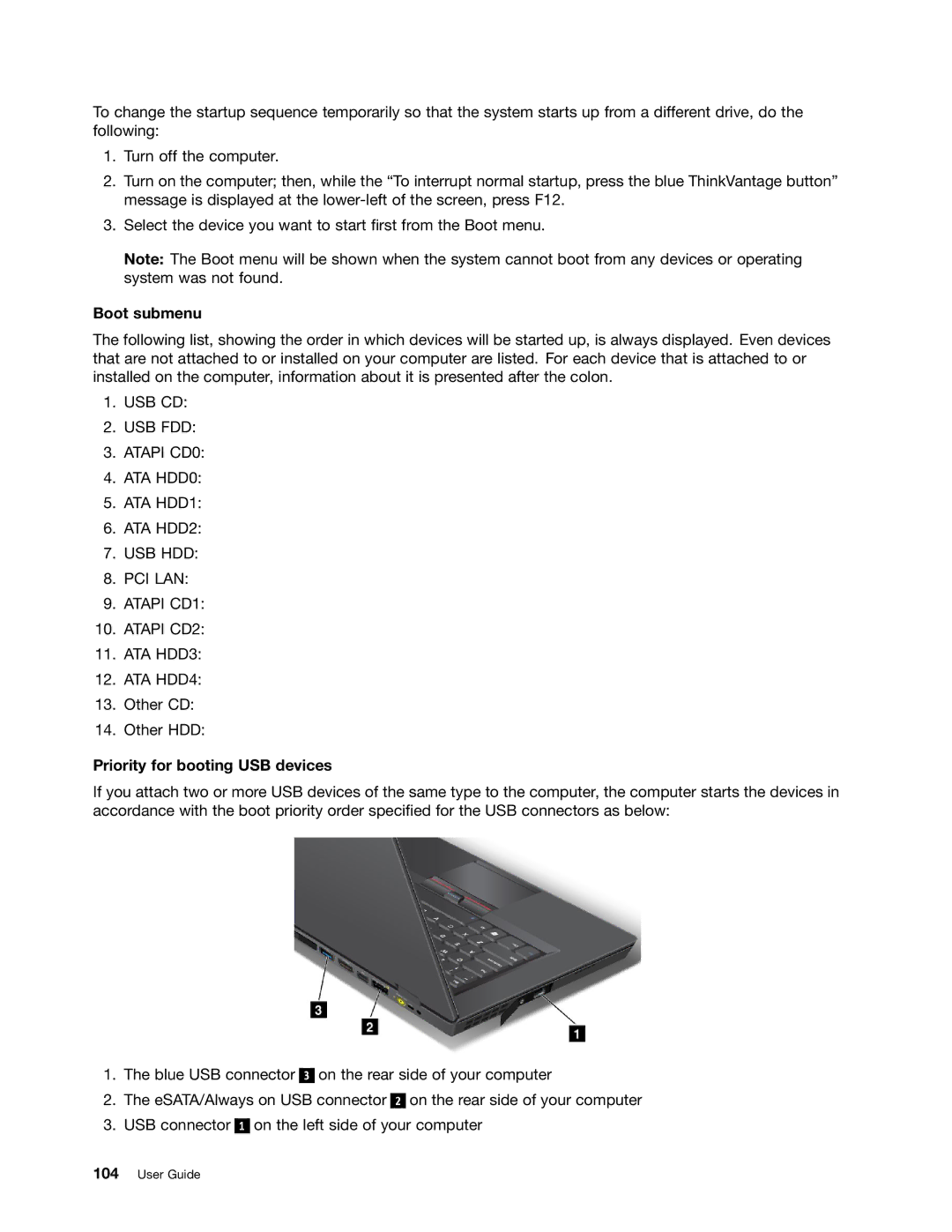 Lenovo 3444CUU manual Boot submenu, Priority for booting USB devices 