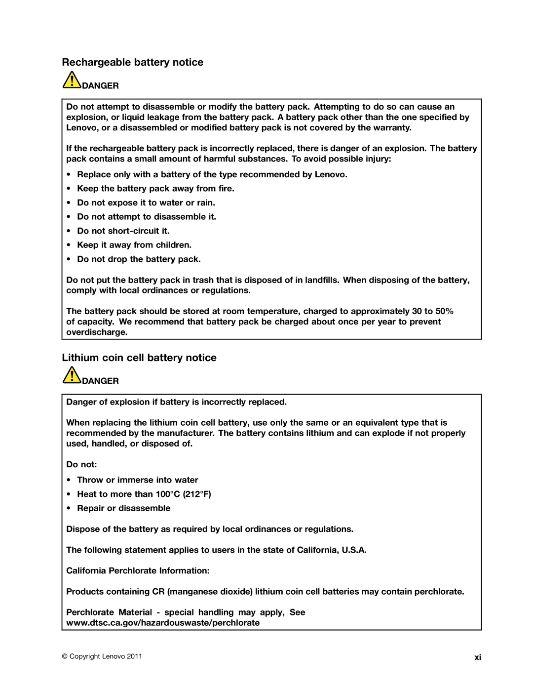 Lenovo 3444CUU manual Rechargeable battery notice, Lithium coin cell battery notice 