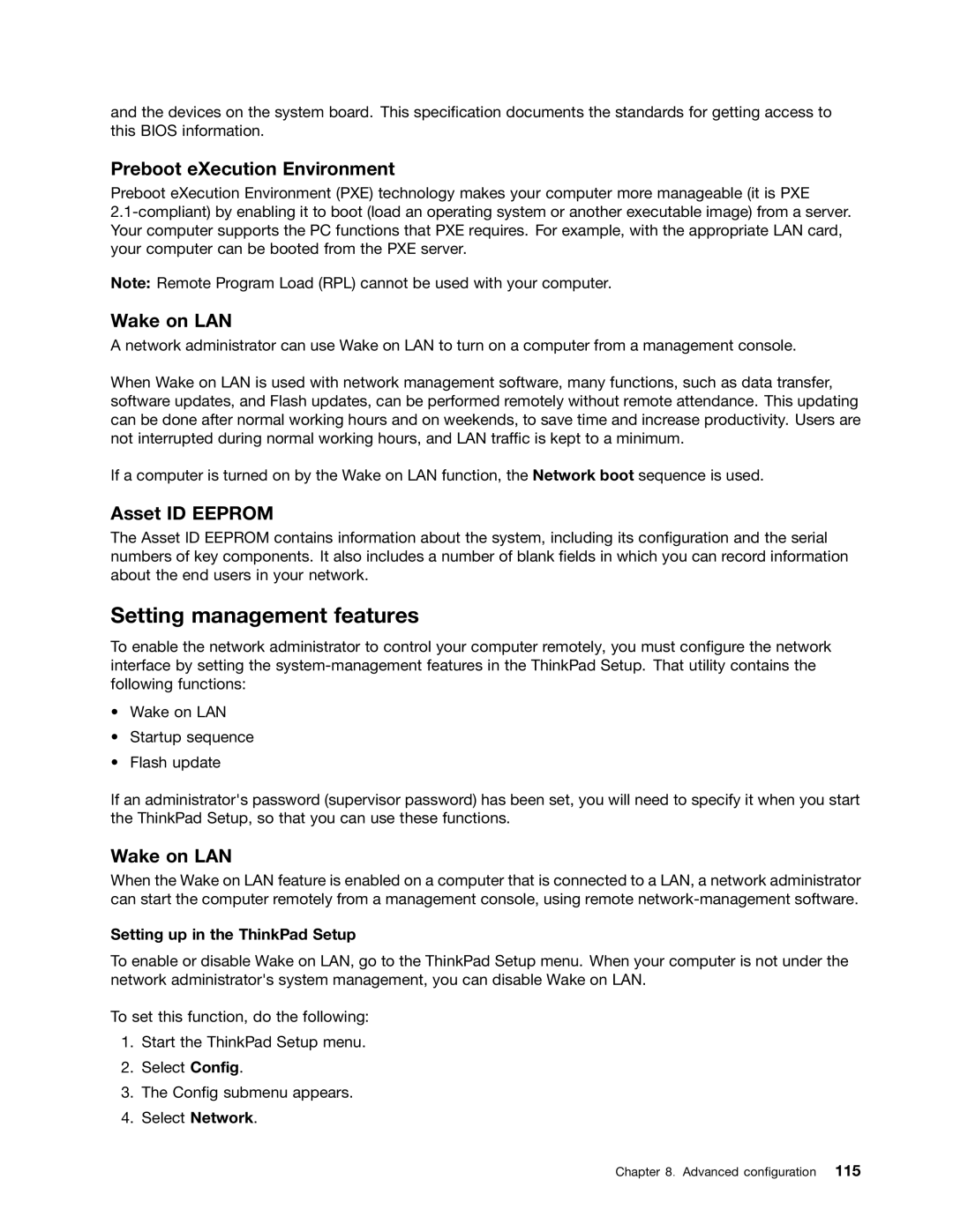 Lenovo 3444CUU manual Setting management features, Preboot eXecution Environment, Wake on LAN, Asset ID Eeprom 