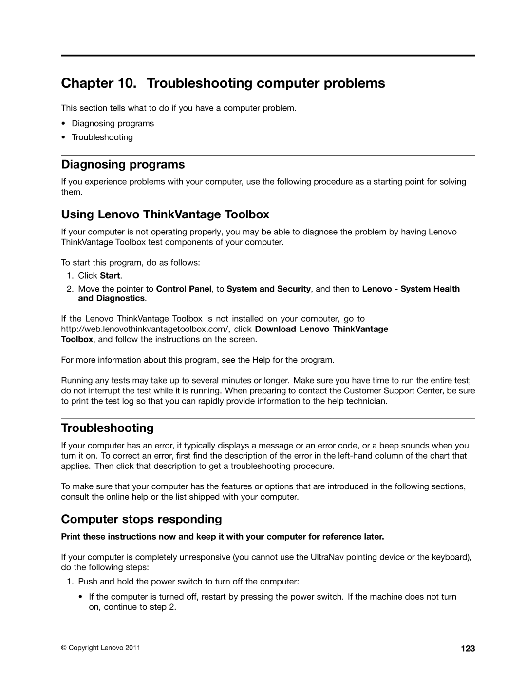 Lenovo 3444CUU manual Troubleshooting computer problems, Diagnosing programs, Using Lenovo ThinkVantage Toolbox 