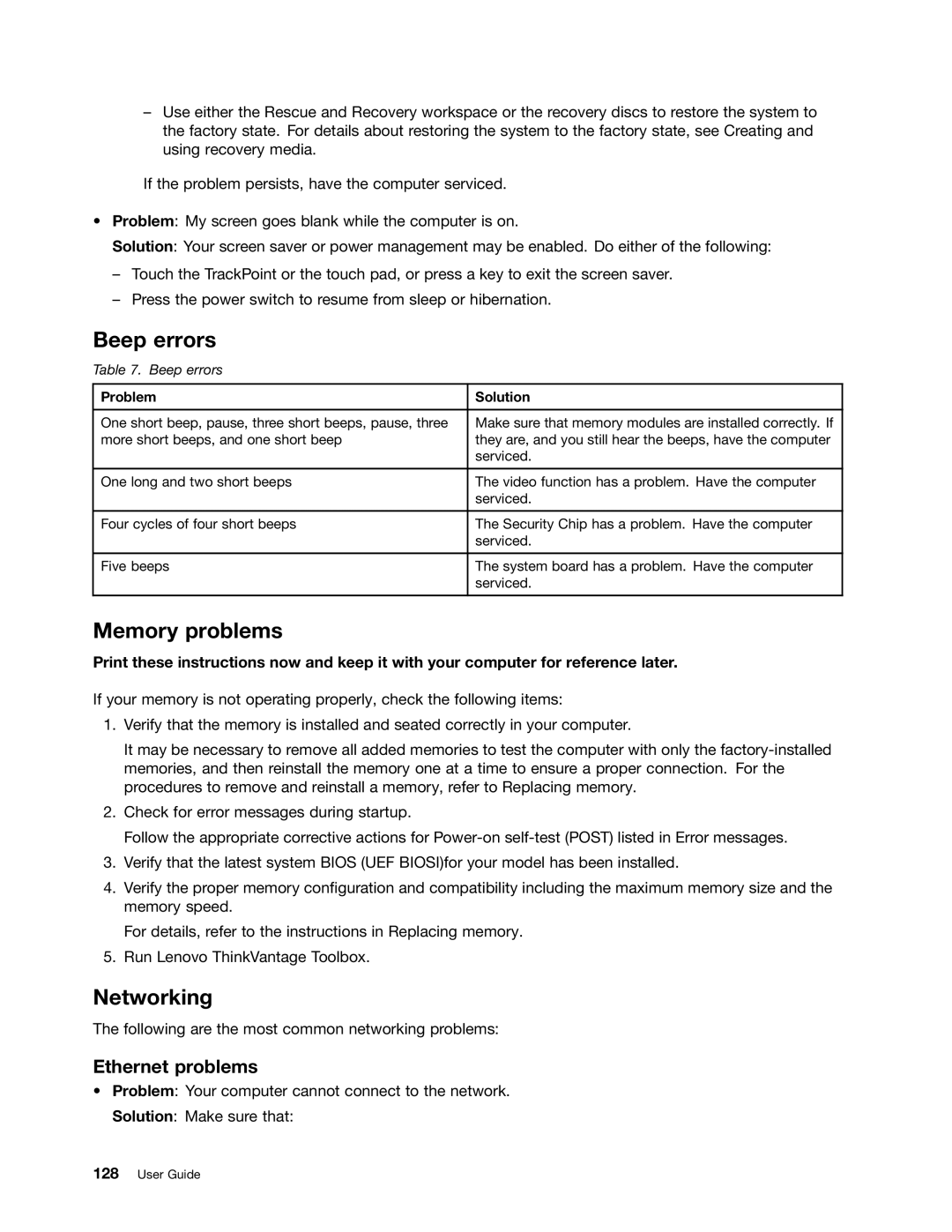 Lenovo 3444CUU manual Beep errors, Memory problems, Networking, Ethernet problems 