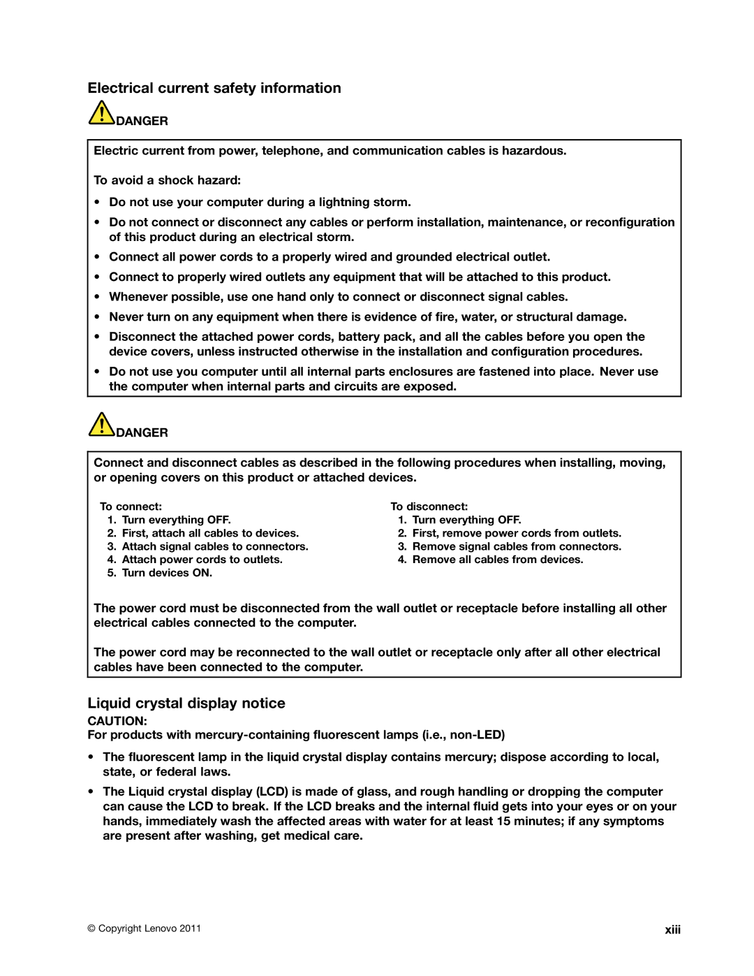 Lenovo 3444CUU manual Electrical current safety information, Liquid crystal display notice 