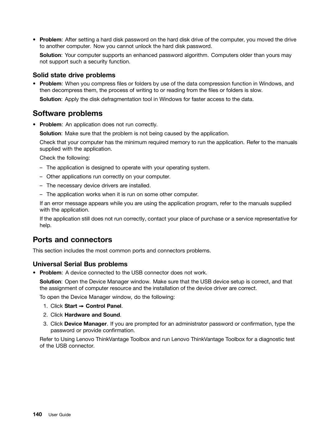 Lenovo 3444CUU manual Software problems, Ports and connectors, Solid state drive problems, Universal Serial Bus problems 