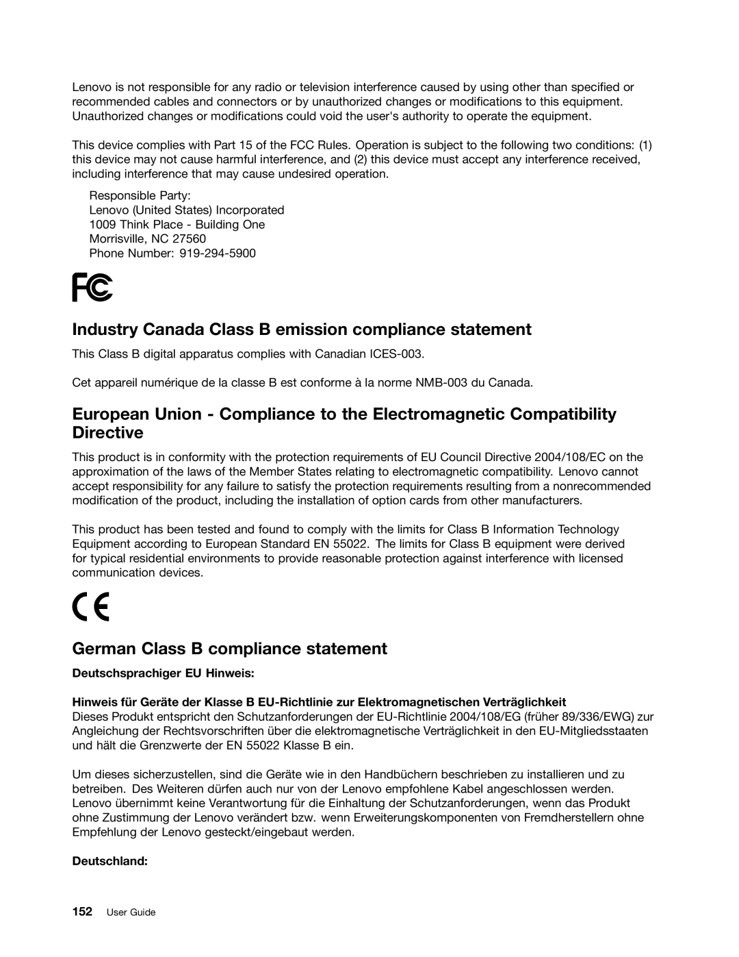 Lenovo 3444CUU Industry Canada Class B emission compliance statement, German Class B compliance statement, Deutschland 