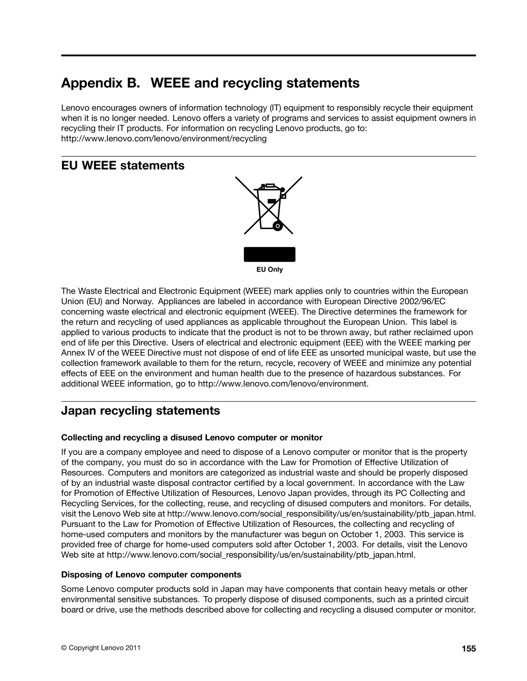 Lenovo 3444CUU manual Appendix B. Weee and recycling statements, EU Weee statements, Japan recycling statements, 155 