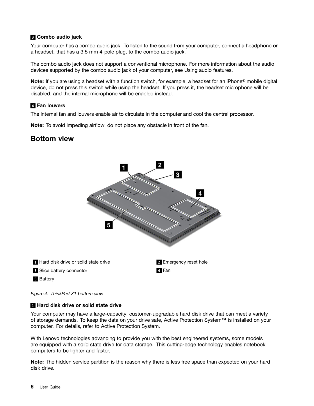 Lenovo 3444CUU manual Bottom view, Combo audio jack, Fan louvers, Hard disk drive or solid state drive 