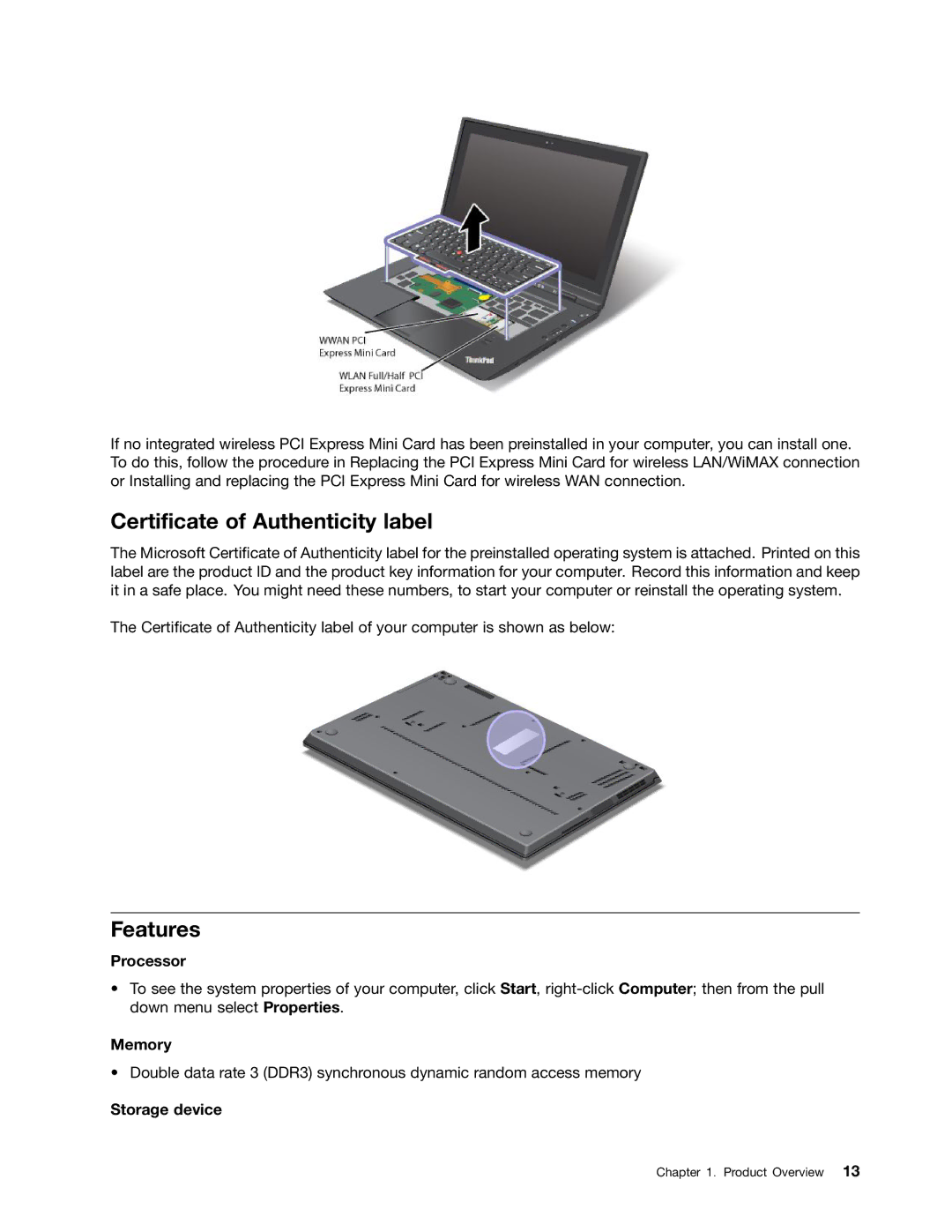 Lenovo 3444CUU manual Certificate of Authenticity label, Features, Processor, Memory, Storage device 