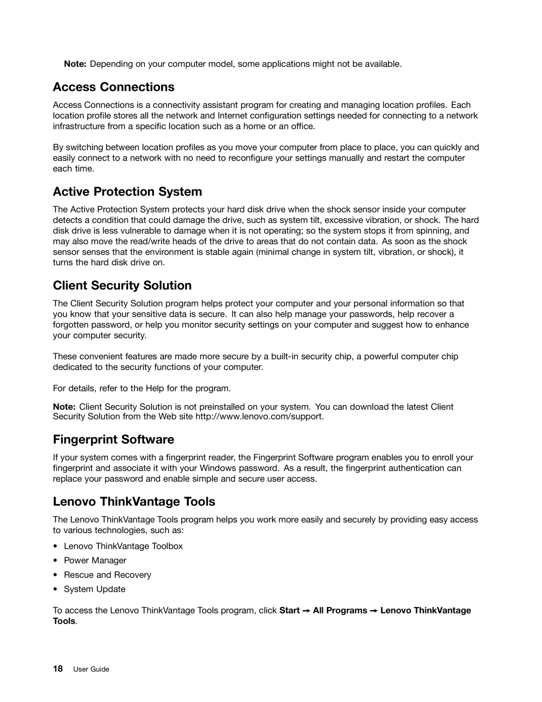 Lenovo 3444CUU manual Access Connections, Active Protection System, Client Security Solution, Fingerprint Software 