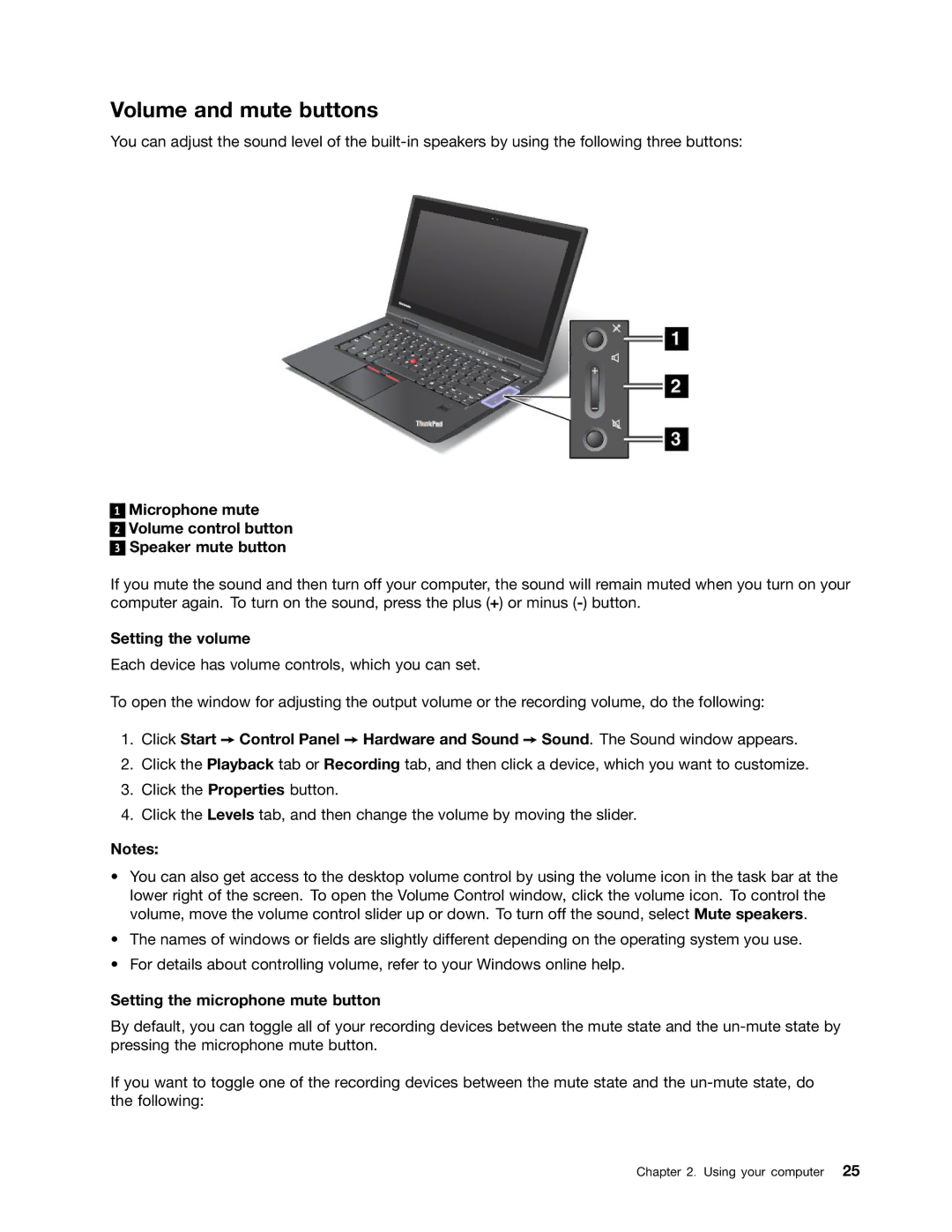 Lenovo 3444CUU Volume and mute buttons, Microphone mute Volume control button Speaker mute button, Setting the volume 