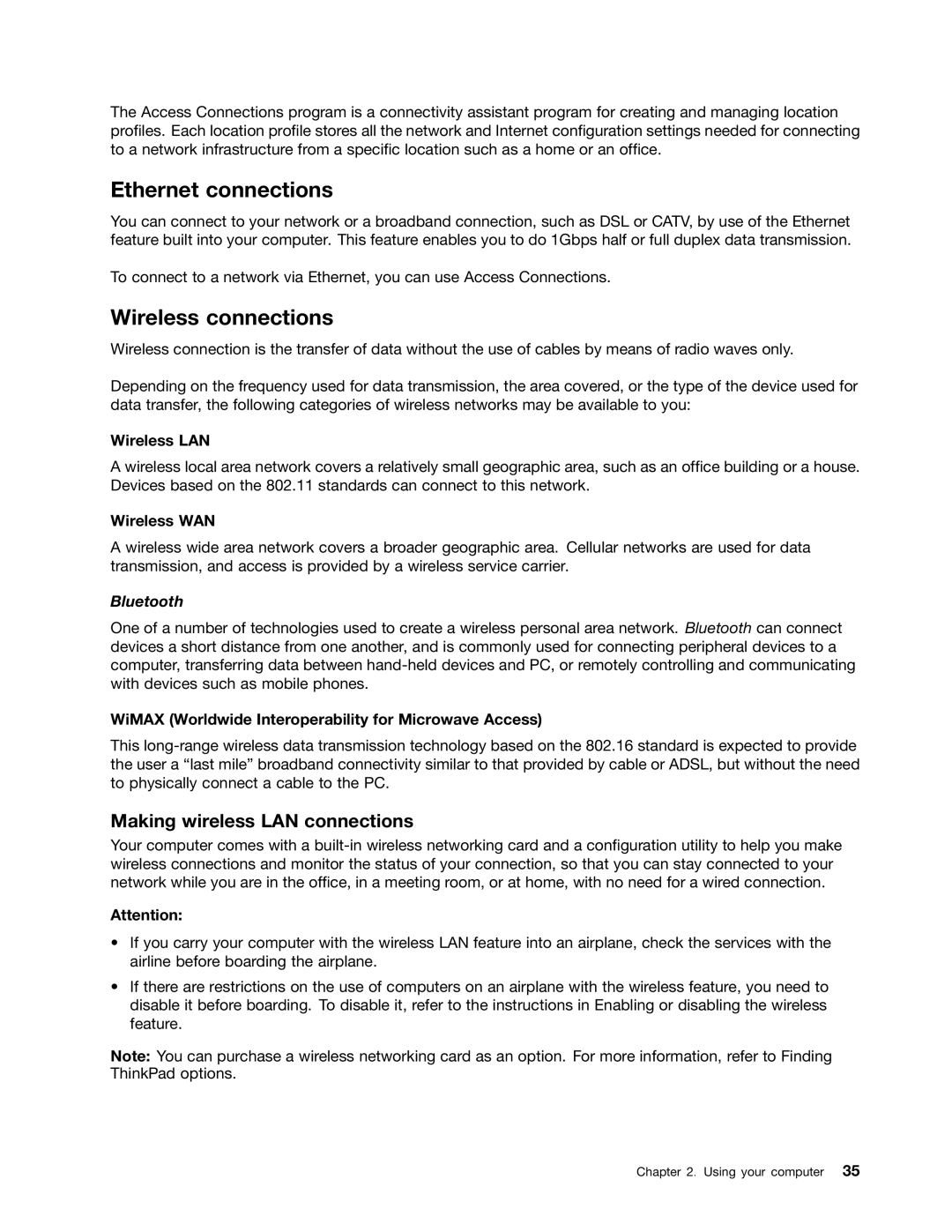 Lenovo 3444CUU manual Ethernet connections, Wireless connections, Making wireless LAN connections 