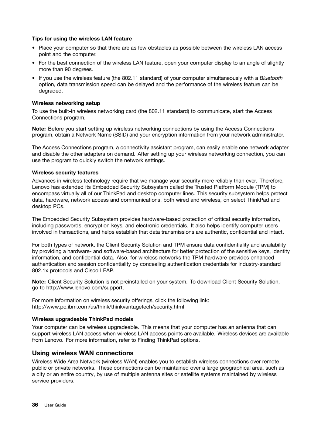 Lenovo 3444CUU manual Using wireless WAN connections, Tips for using the wireless LAN feature, Wireless networking setup 