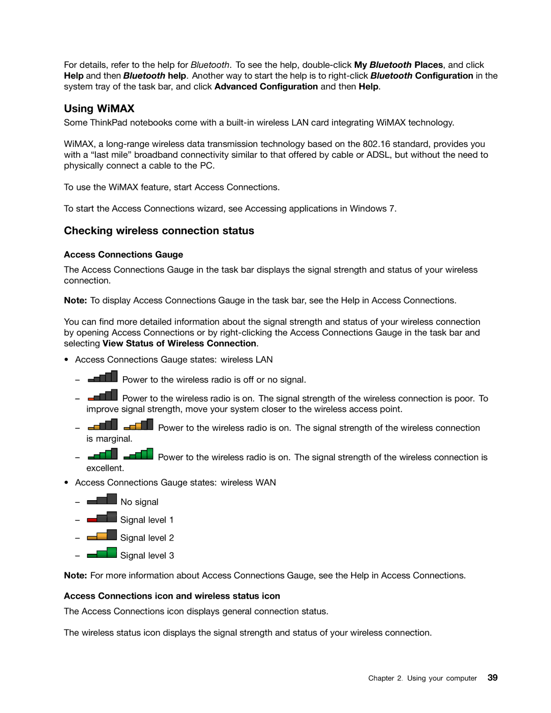 Lenovo 3444CUU manual Using WiMAX, Checking wireless connection status, Access Connections Gauge 