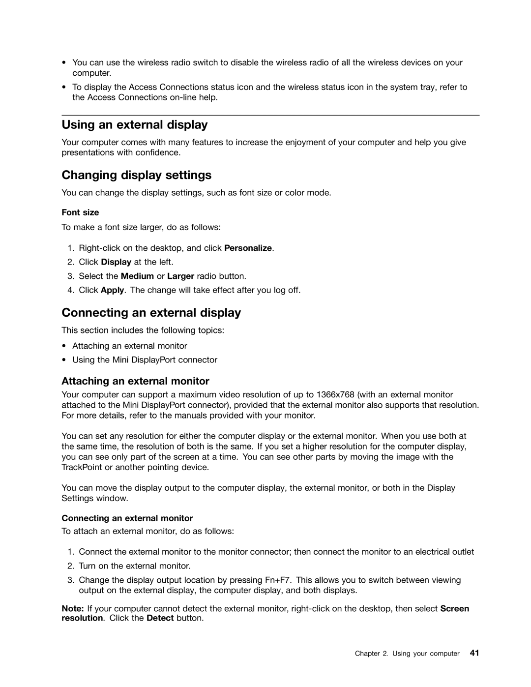 Lenovo 3444CUU manual Using an external display, Changing display settings, Connecting an external display 