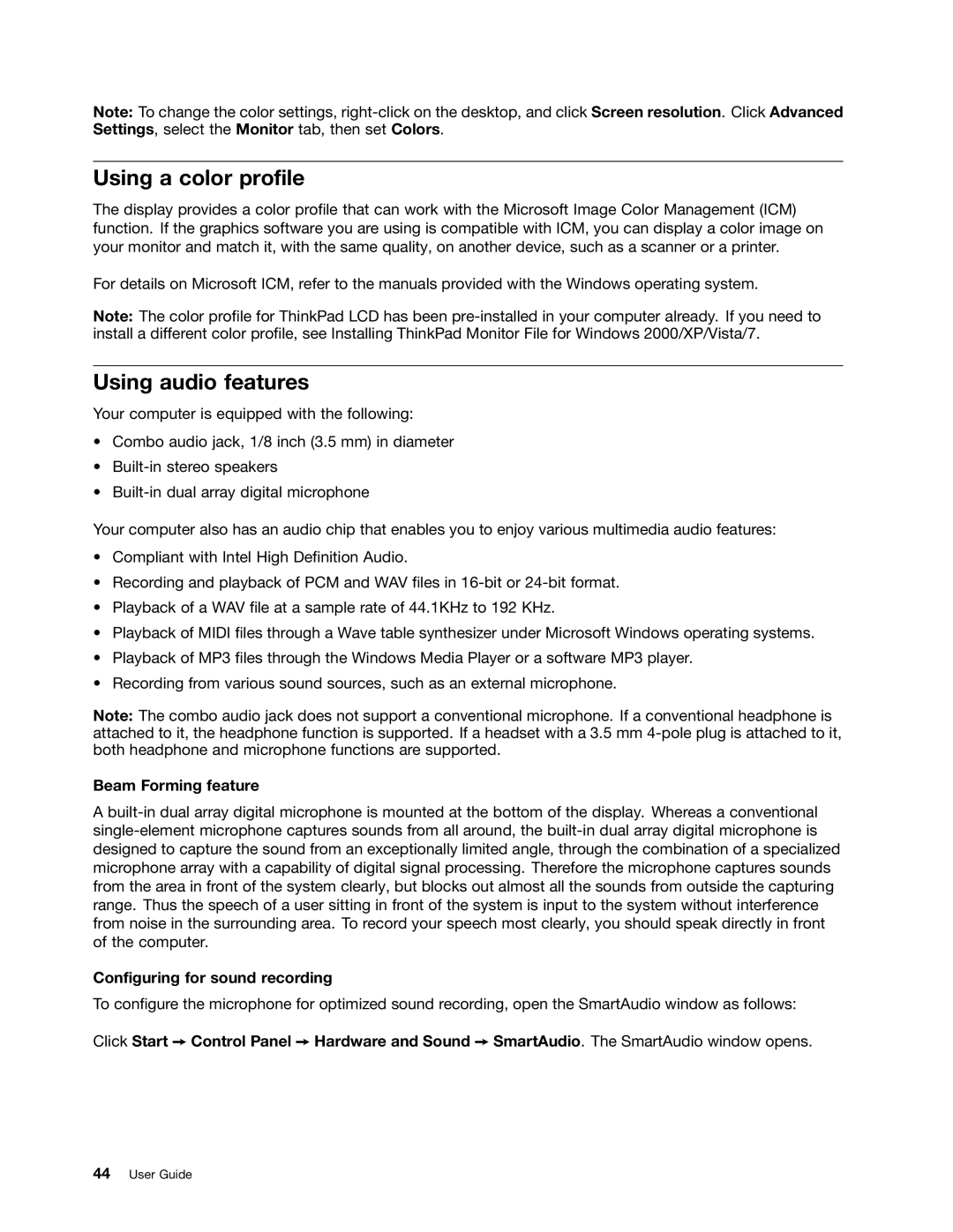 Lenovo 3444CUU manual Using a color profile, Using audio features, Beam Forming feature, Configuring for sound recording 