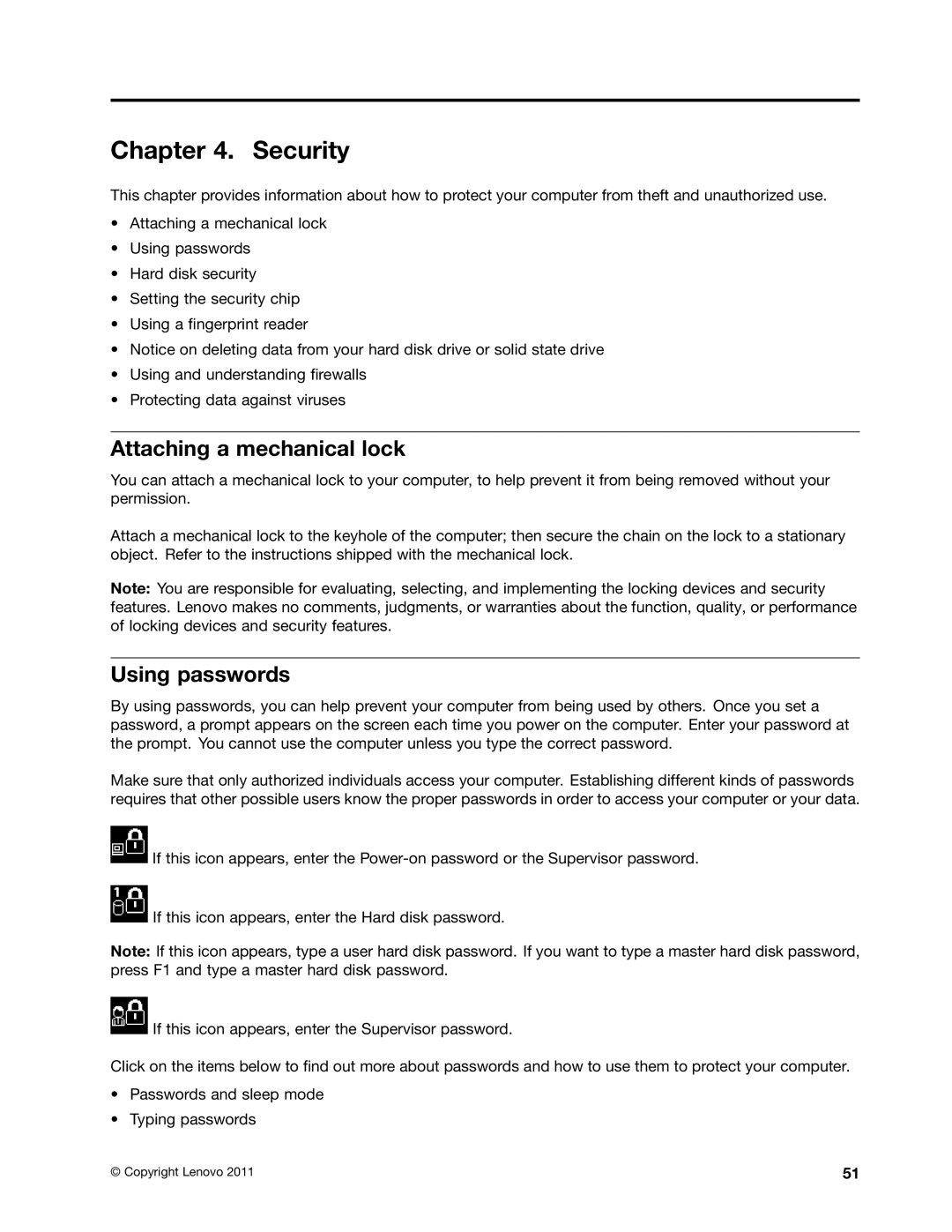 Lenovo 3444CUU manual Security, Attaching a mechanical lock, Using passwords 