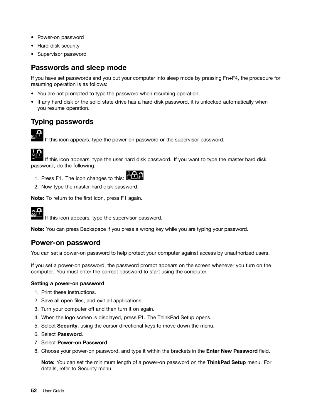 Lenovo 3444CUU manual Passwords and sleep mode, Typing passwords, Power-on password, Setting a power-on password 