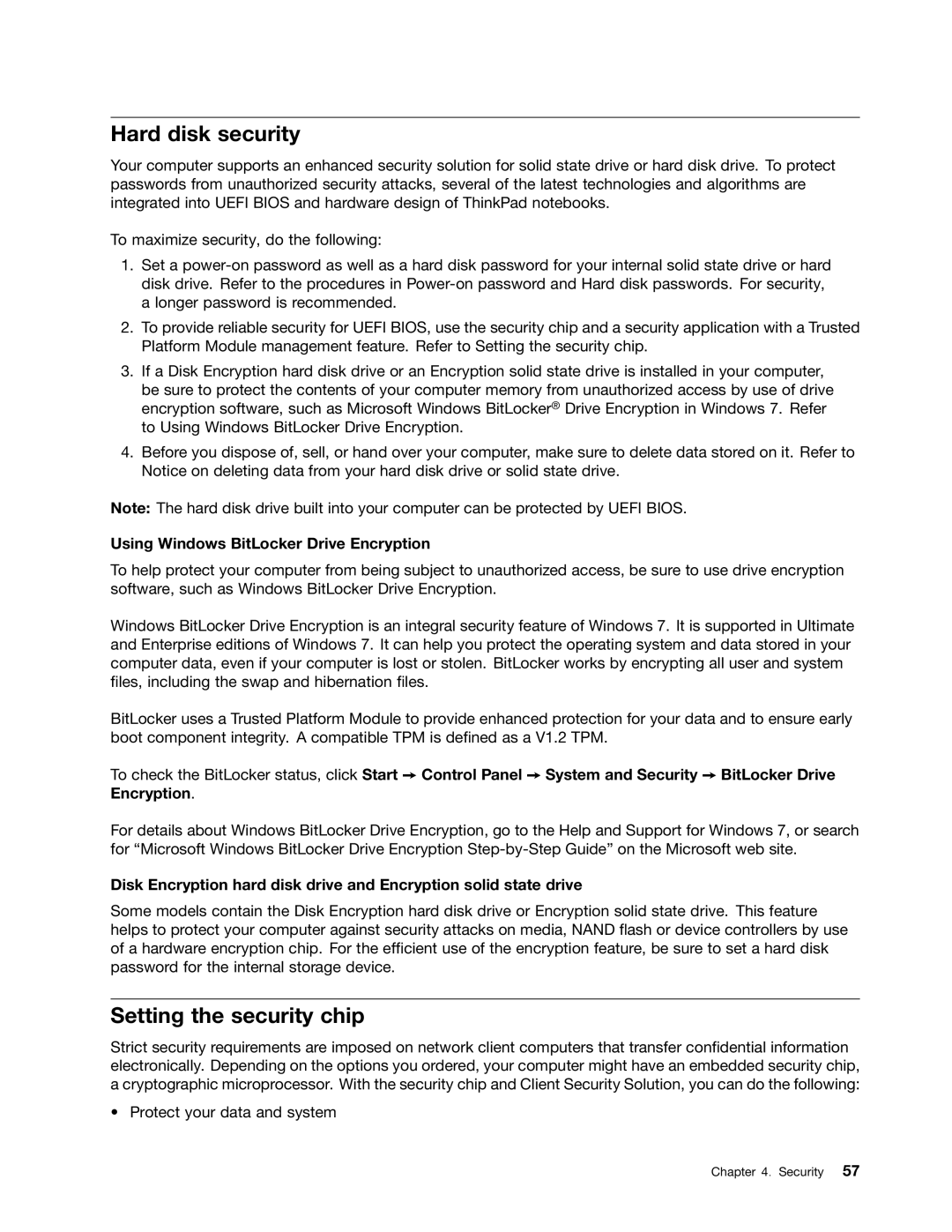 Lenovo 3444CUU manual Hard disk security, Setting the security chip, Using Windows BitLocker Drive Encryption 