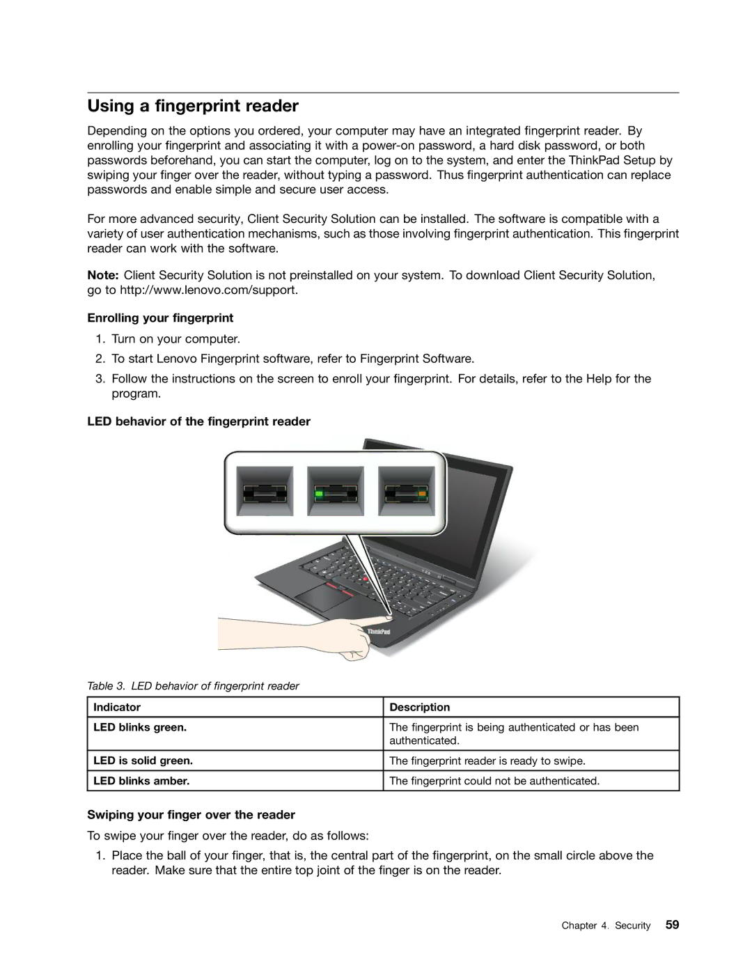 Lenovo 3444CUU manual Using a fingerprint reader, Enrolling your fingerprint, LED behavior of the fingerprint reader 