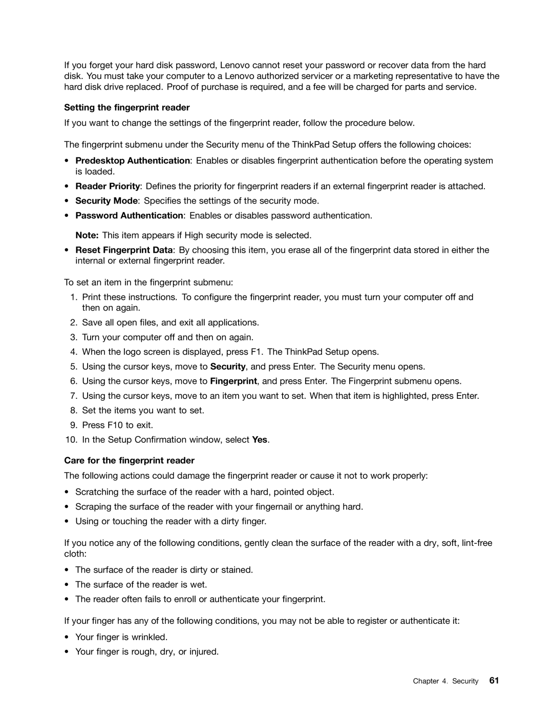 Lenovo 3444CUU manual Setting the fingerprint reader, Care for the fingerprint reader 