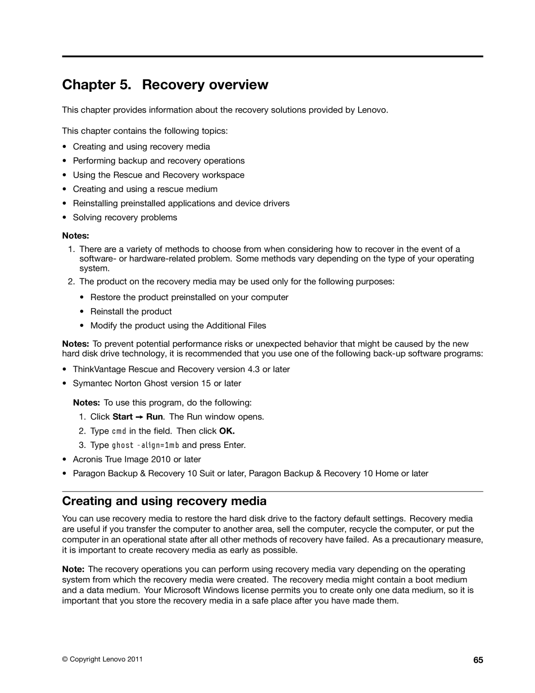 Lenovo 3444CUU manual Recovery overview, Creating and using recovery media 