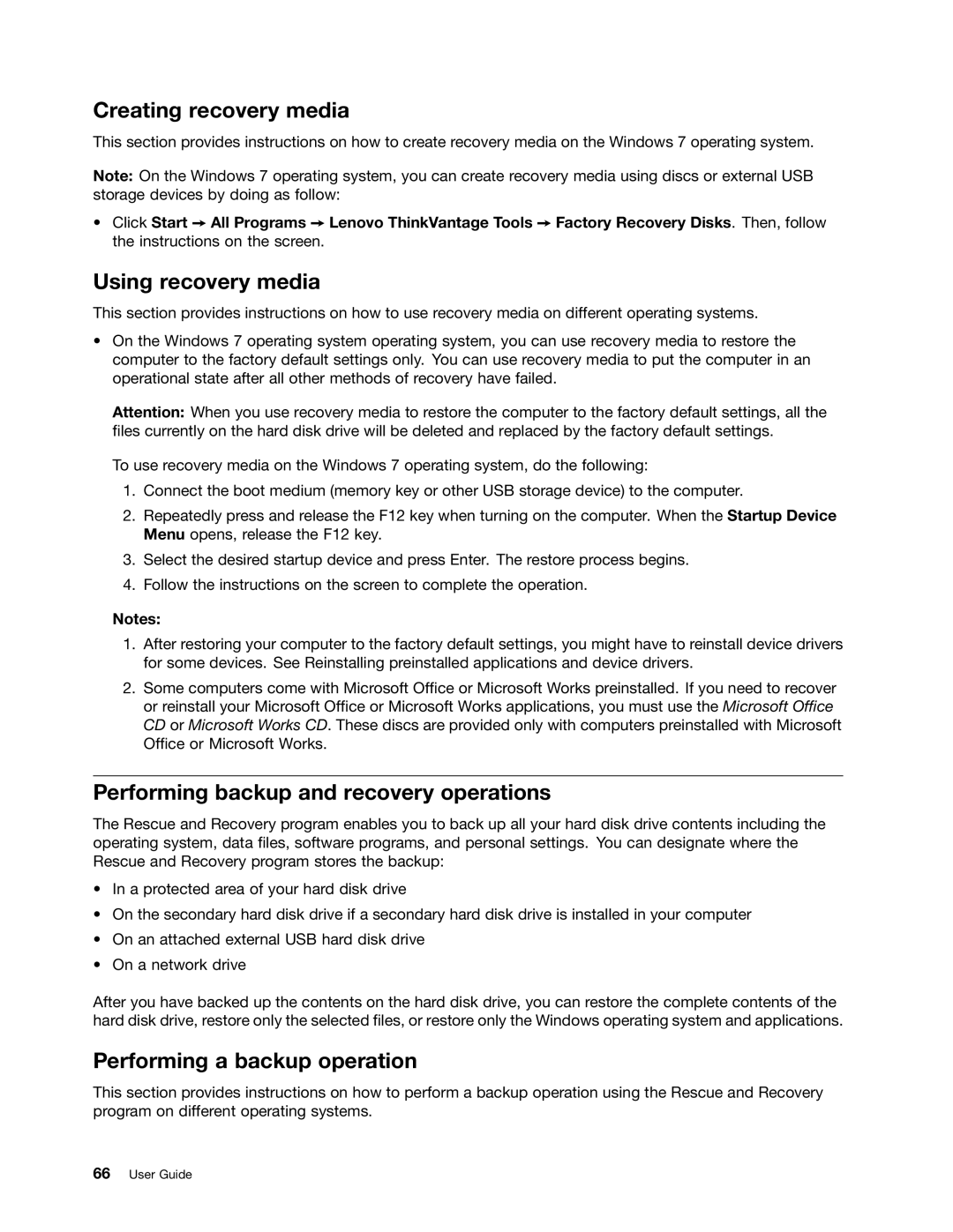 Lenovo 3444CUU manual Creating recovery media, Using recovery media, Performing backup and recovery operations 