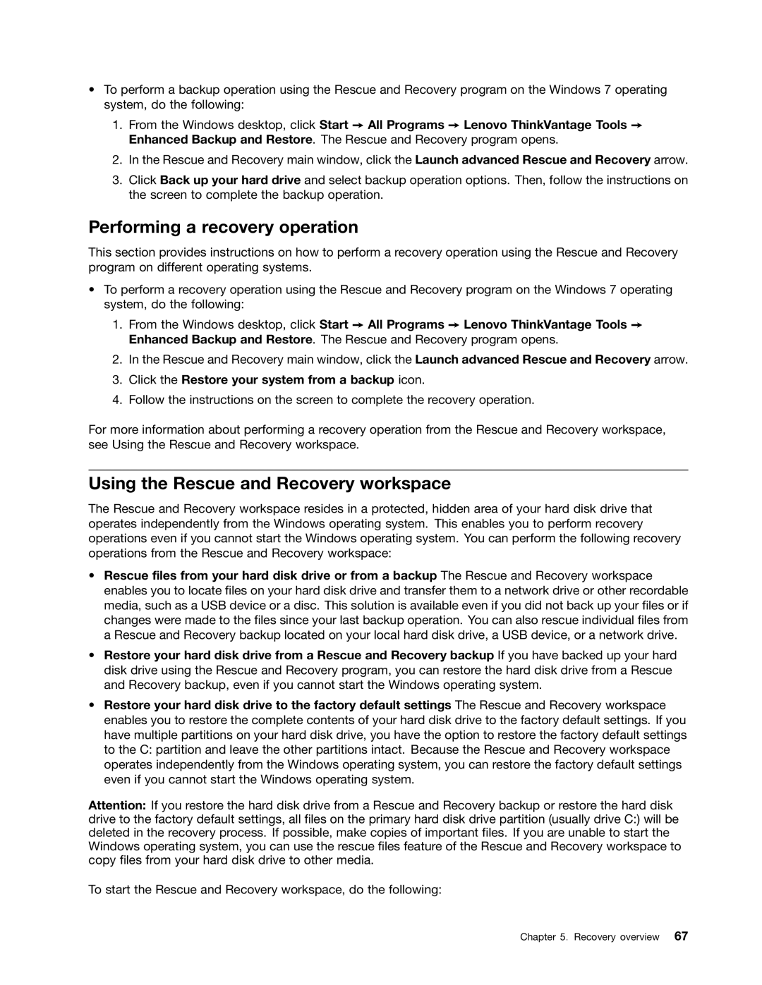 Lenovo 3444CUU manual Performing a recovery operation, Using the Rescue and Recovery workspace 