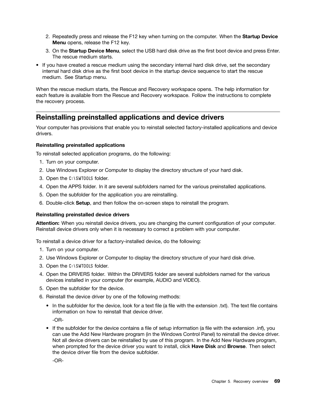 Lenovo 3444CUU manual Reinstalling preinstalled applications and device drivers, Reinstalling preinstalled device drivers 